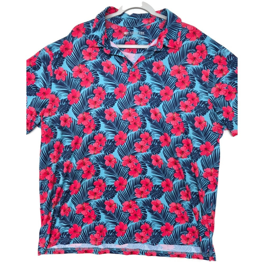 Ariat AriatTEK Polo Shirt Mens 2XL Blue Tropical Hibiscus Floral Performance